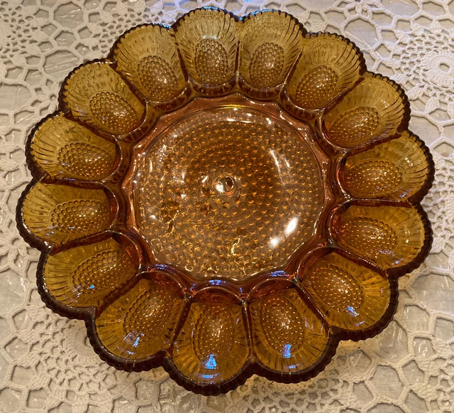 Vtg Dark Amber Glass, Hobnail Deviled Egg Serving Plate/Dish/Tray 11" Beautiful