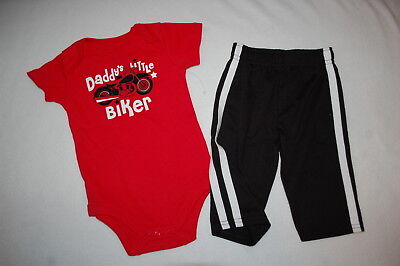 Baby Boys Outfit DADDYS LITTLE BIKER Motorcycle RED T-SHIRT Black Pants 18 MO