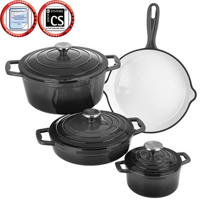 7 tlg Kochtopf Set Gusseisen Topf induktion Schmortopf Bräter Pfanne Suppentopf