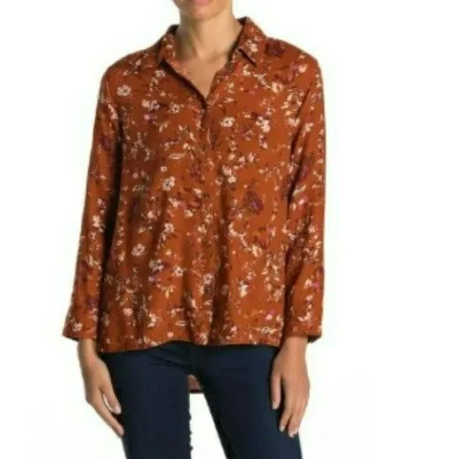 Susina Button Hem Floral Printed Long Sleeves Blouse Tunic Top Plus Size 1x