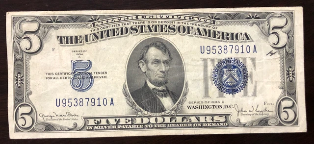 1934D $5 Silver Certificate Blue Seal - Narrow