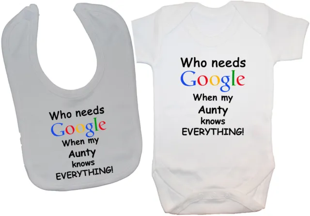 Who Needs Google Aunty Baby Bodysuit Romper Vest & Feeding Bib 0-24m Boy Girl