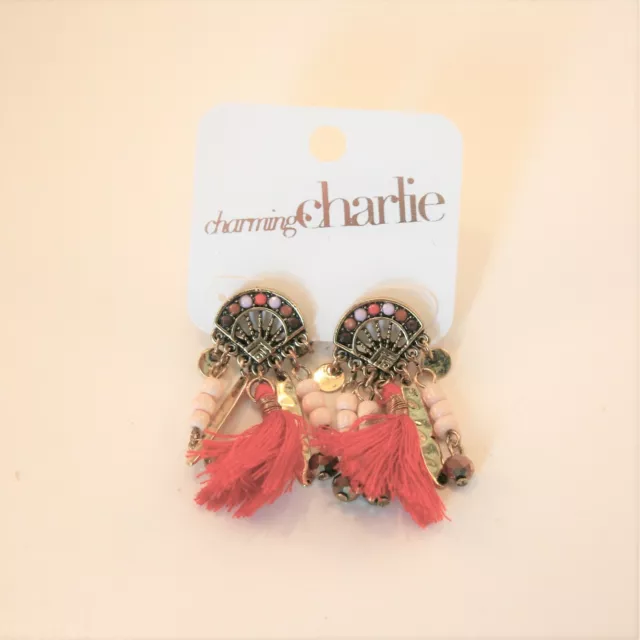 Charming Charlie gold tone BOHO fan shape & cream beads, red tassel earrings