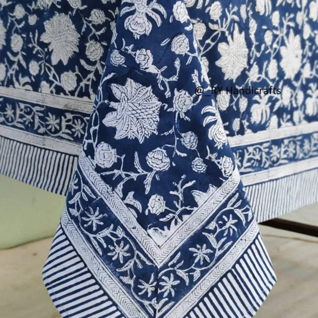 Blue & white hand Block Print tablecloth Indian Floral Cotton Custom Table linen