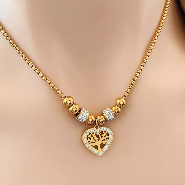 Tree of life Heart Pendant Plated 18K Gold Titanium Steel Necklace Women Jewelry