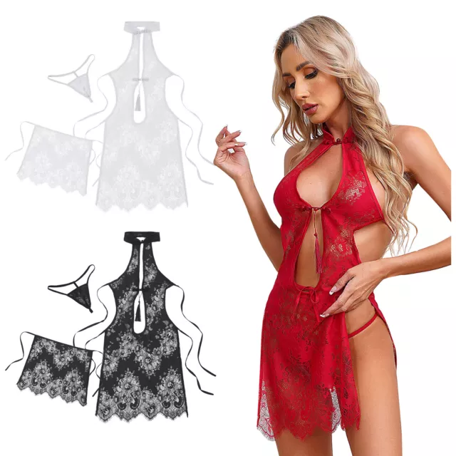 Womens Nightwear 2 Piece Nightdress With G-string Solid Color Lingerie Set Sexy 3