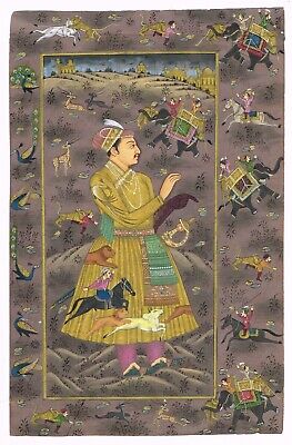 Miniature Portrait Peinture De Moghol Empereur Jahangir Et Chasse Art Sur Papier