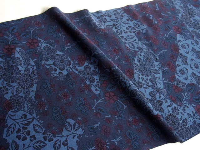 Vintage Japanese Kimono Silk Fabric, Dark & Light Blue Floral Crepe 162cm(64")