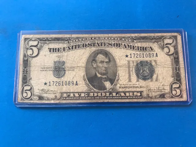 1934 C S5 Five Dollar Silver Certificate "STAR NOTE" ....Lot #24