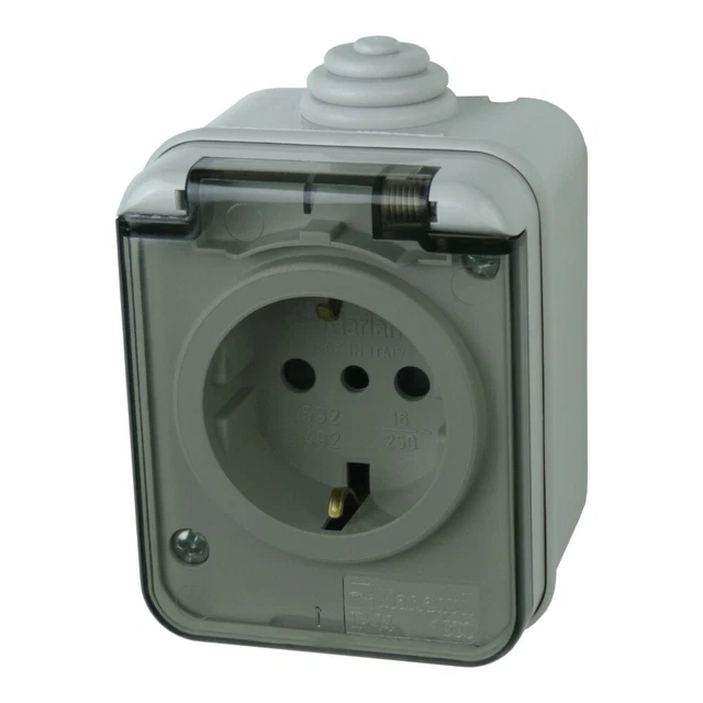 Prise Schuko Avec Couvercle Rabattable Montage Apparent IP44 Gris 1592 M-L 1137