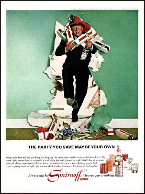 1965 Buddy Hackett crashing party Smirnoff Vodka vintage photo print ad L12