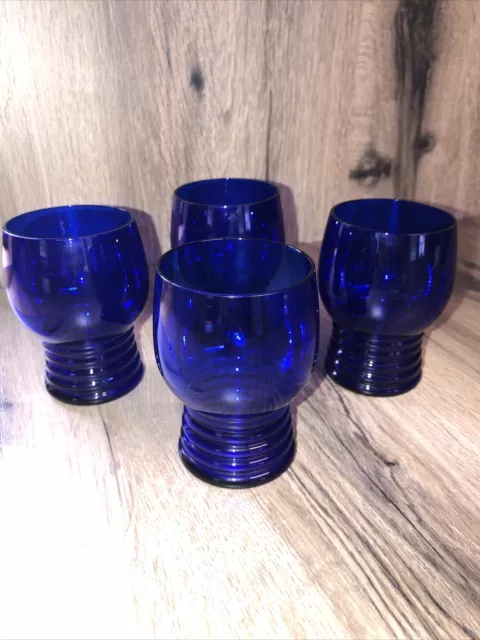 Imperial Cobalt Blue Glass Tumblers Barware 4” Tall Ribbed Flat Foot Beehive