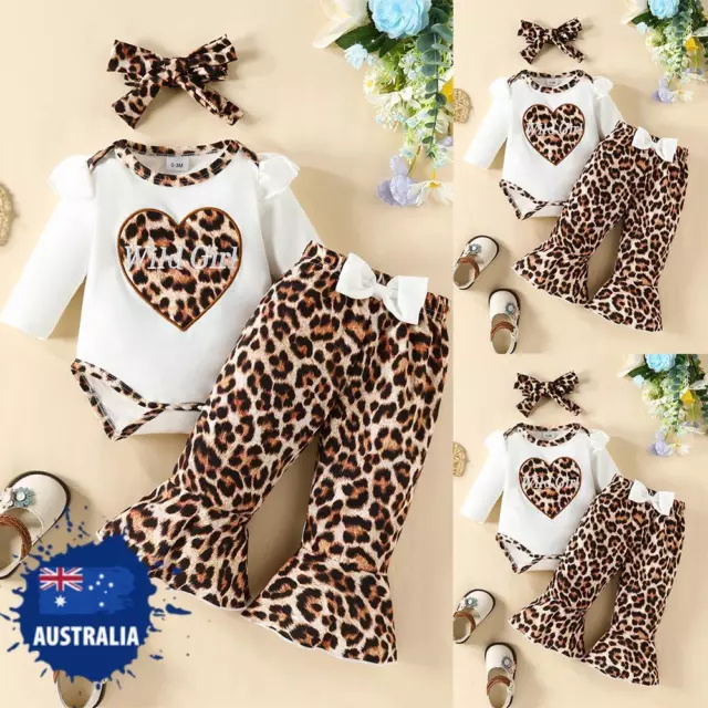 Toddler Baby Girls 3PCS Clothes Set Romper Tops+Leopard Flare Pants+Headband Set