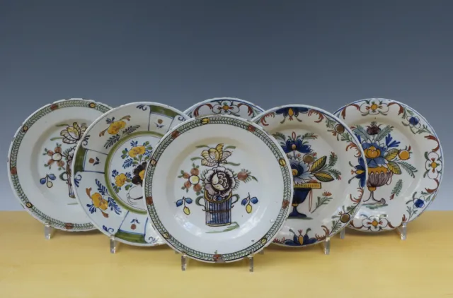 Antique Beautiful Collection Six Dutch Delft Colored Plates Flowers 18th Century