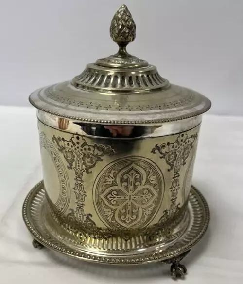 Antique Victorian Style Footed Silverplate Tea Caddy Biscuit Box