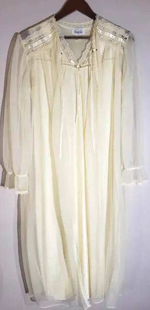 Vintage Vanity Fair Peignoir Night Gown Set Womens Light Yellow Sheer Lingerie