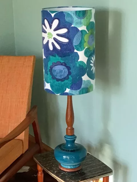 Vintage MCM Peacock Blue Ceramic Lamp Base With Bespoke Barkcloth Shade