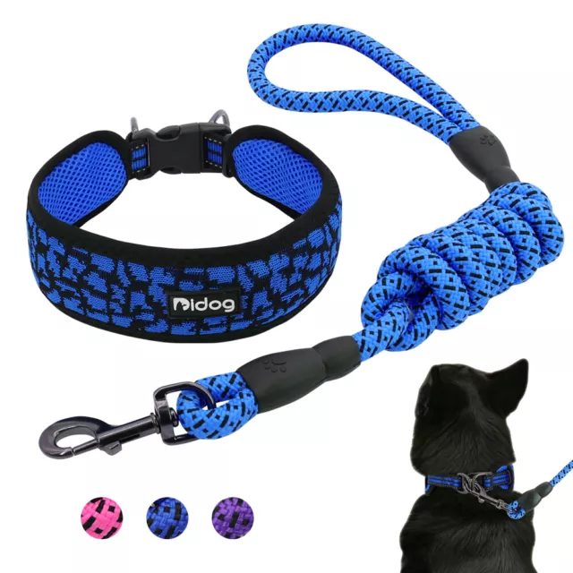 Wide Nylon Dog Collar and Leash Lead Set Soft Padded Reflective for Small Large