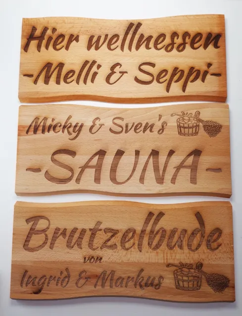 Sauna Schild personalisiert Hinweisschild 38 x 17cm Buche Massiv Kelo Holzschild