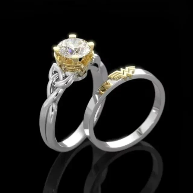 Wonder Woman Engagement Ring With Band 14K Two Tone Gold Plated White Stone