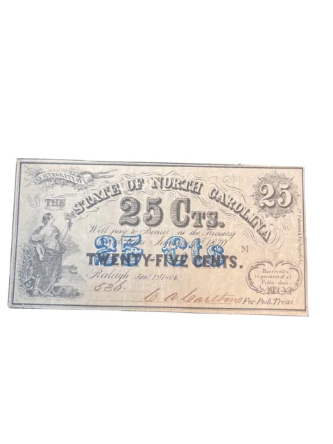 North Carolina Raleigh Fractional 25 Cents Currency Dated 1864