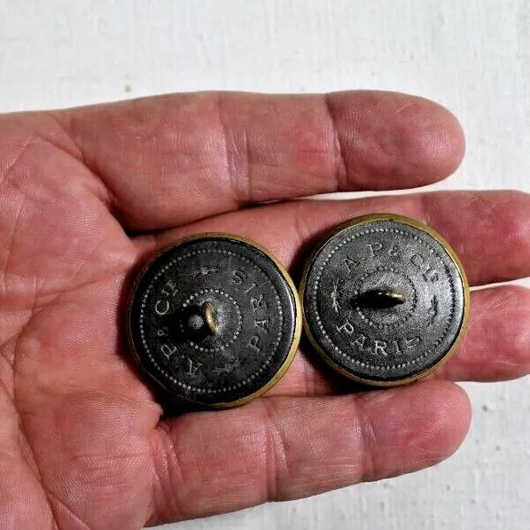 pair Vintage AP&C Depose Paris Brass Shank Button 1 3/16 Inch Diameter