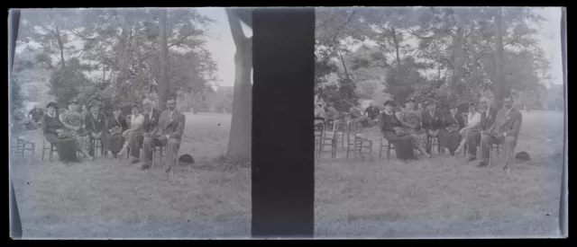 Famille c1930 Photo NEGATIVE Stereo Plaque de Verre Vintage V39n3