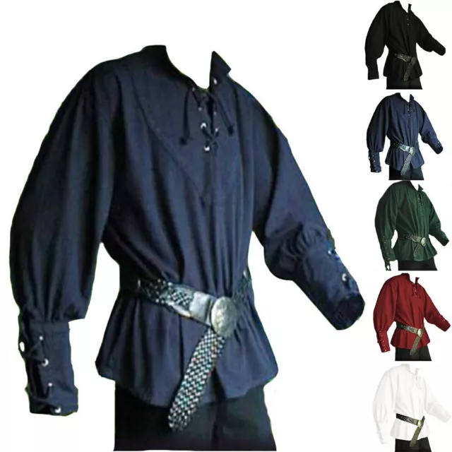 Retro Men Gothic Shirt Top Victorian Medieval Lace up Pirate Costume Cosplay 3