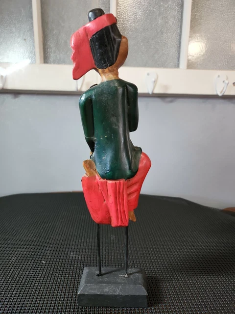 Vintage Wooden Hand Carved Painted Asian Burmese Musician Metal Stand Thailand 3