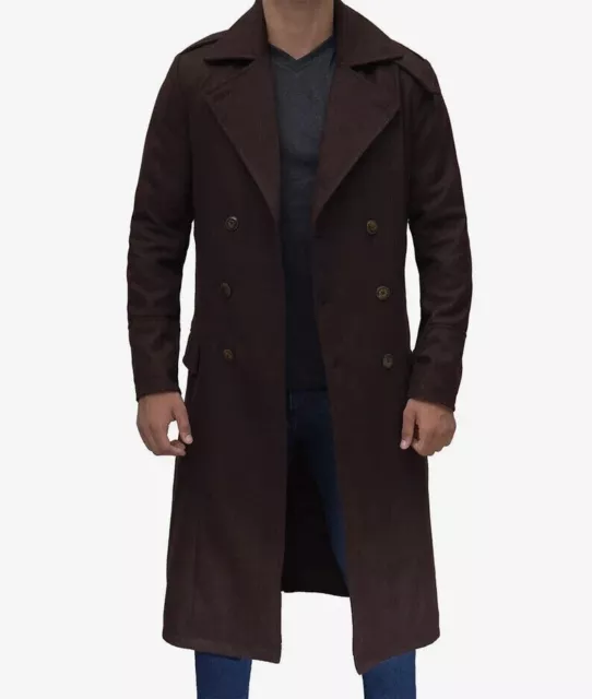 MEN'S DOUBLE BREASTED Classic Brown Wool Blend Trench Coat $178.40 ...