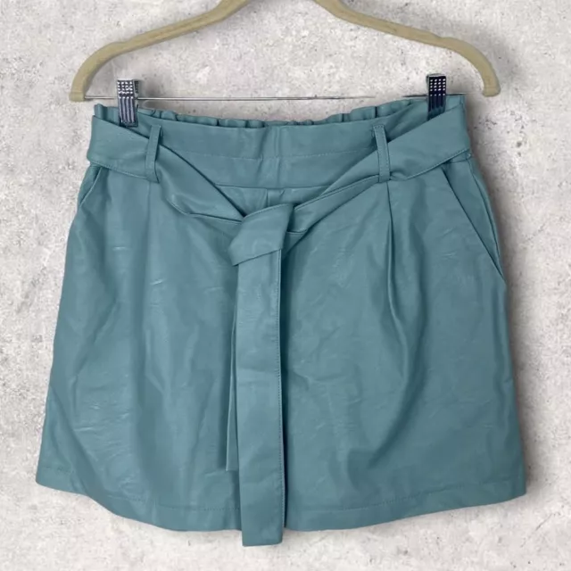 Luna Allegra Teal Blue High Waist Faux Leather Shorts Belted Size Large Italy L