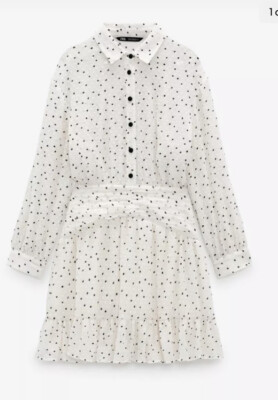 New ZARA NEW MICRO DOT SHIRT DRESS ECRU WHITE + BLACK DOTS M L 7969/021 Sheer