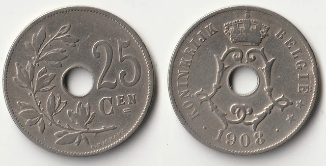1908 Belgium 25 centimes coin