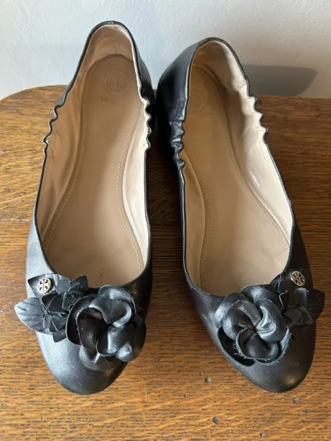 Tory Burch Black Leather Blossom Ballet Flats Women's Size 11