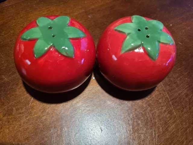 Vintage Tomato Salt & Pepper Shakers Red With Painted Green Leaves