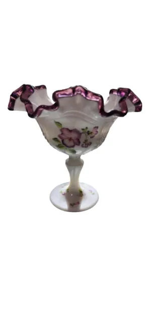Vintage Fenton Plum Crest Compote Hand Painted And Signed By The Artist