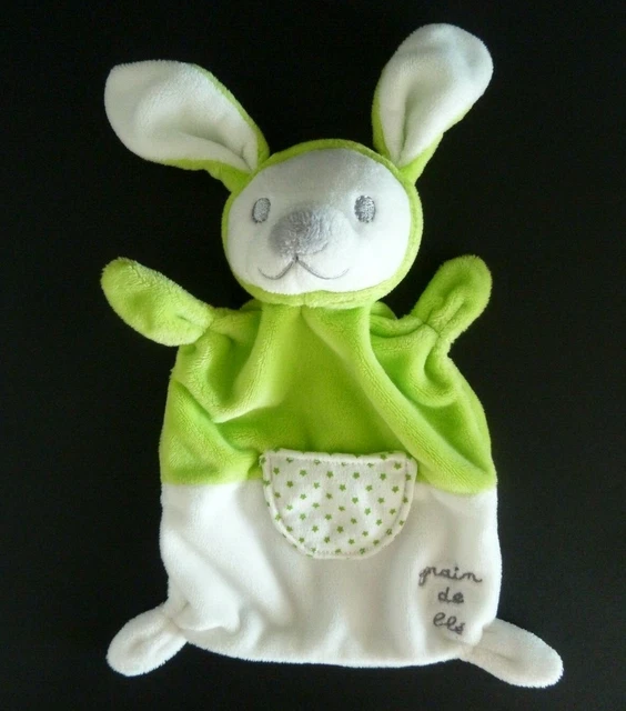 *. Doudou Plat Grain De Ble Zannier Lapin Vert Blanc Capuche Poche Etoile Neuf*