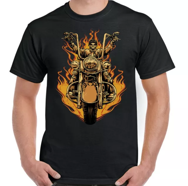 Biker T-Shirt Mens Motorbike Motorcycle Flames Skull Skeleton Bike Chopper Top