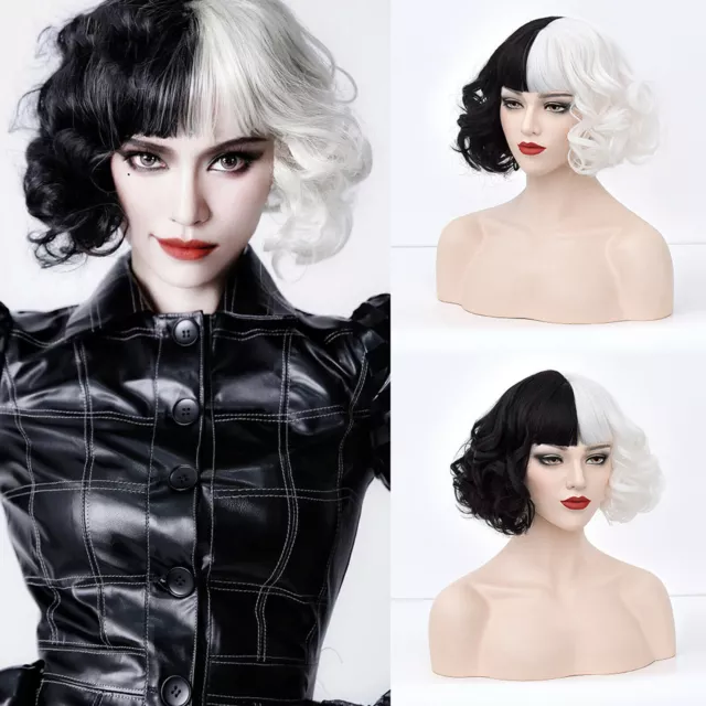 Cruella de Vil Emma Black White Curly Wig for Halloween Cosplay Daily Party Wigs