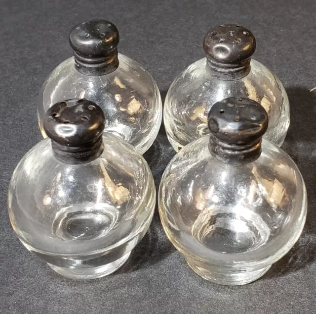4 Small Vintage Sterling Silver Lidded Glass Globe Bulb Salt and Pepper Shakers