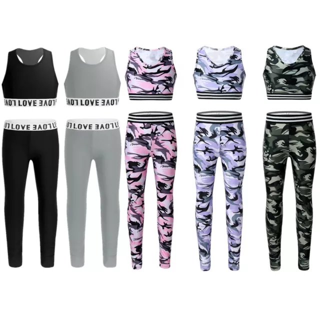 Kids Girls Gym&Dancewear Outfit Tanks Crop Top+Leggings Pant Set Workout Costume