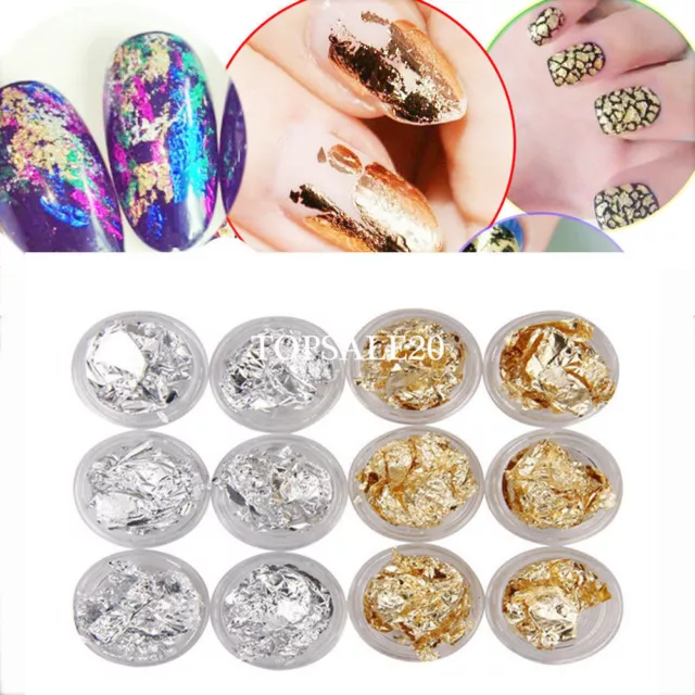 Gold & Silver Foil Flakes Leaf Wrap Nail Art Acrylic Gel Polish