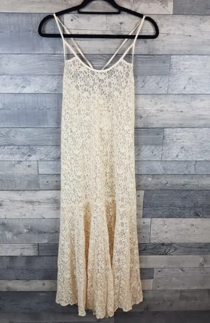 Free People Sundown Maxi Slip Dress Medium Ivory Lace Boho Strappy Semi Sheer BN