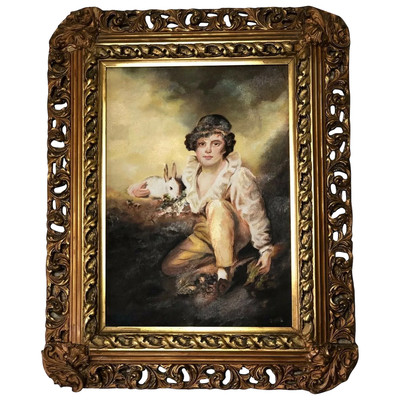 19TH CENTURY EARLY Victorian Oil Painting Young Boy & Rabbit After ...