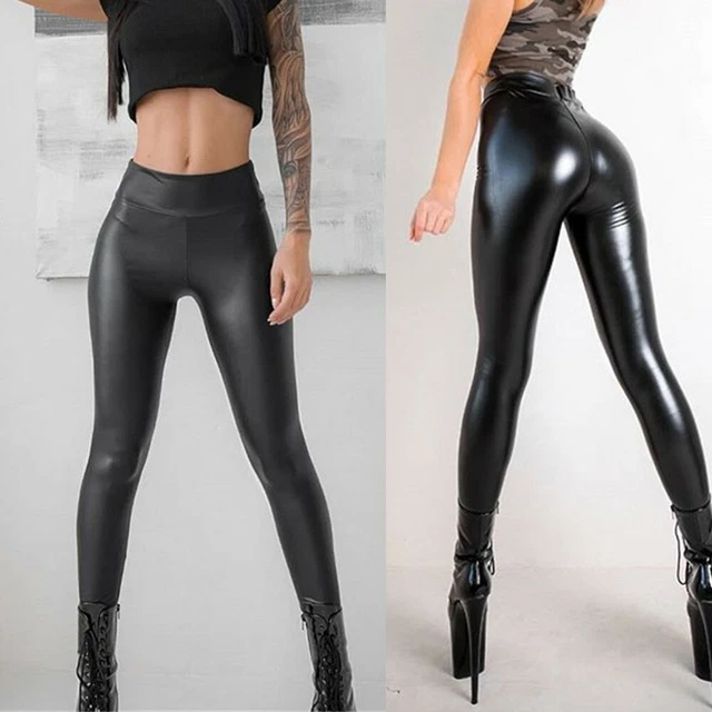 Donna Effetto Bagnato Pantaloni Similpelle Skinny Leggings Vita Alta / e Nero