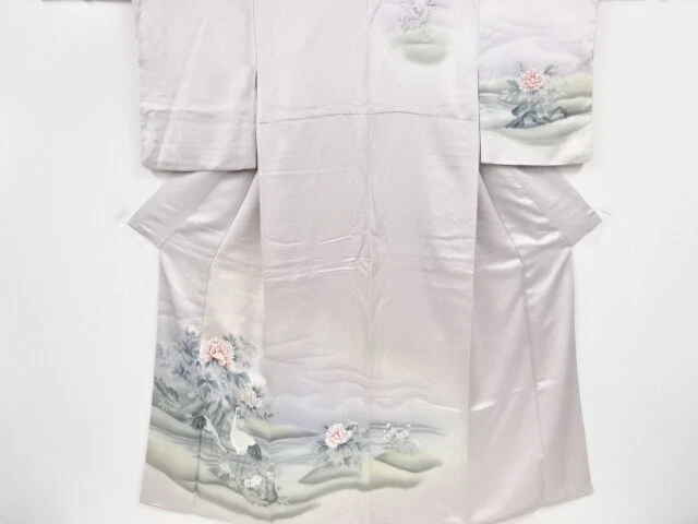 36321# Japanese Kimono / Antique Tomesode / Hand Painted / Crane With Kiku