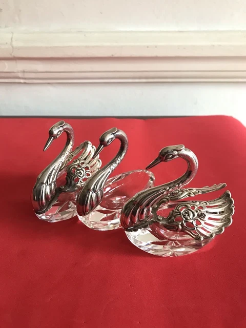 Pentola Sale Vintage Argento Sterling Solido Tre Cigni Taglio Cristallo Con 2 Cucchiai
