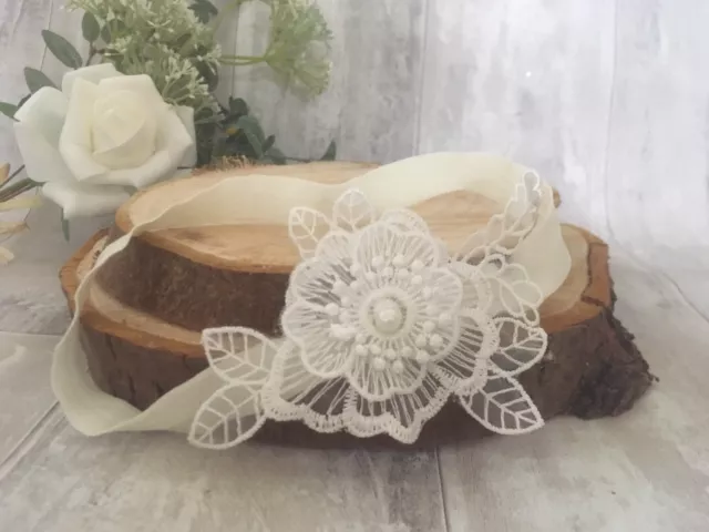 UK Baby Cream Ivory Christening Headband Baptism Wedding Photo Prop Flower Lace