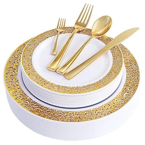 WDF 150PCS Gold Plastic Plates with Disposable Plastic Silverware Thanksgivi