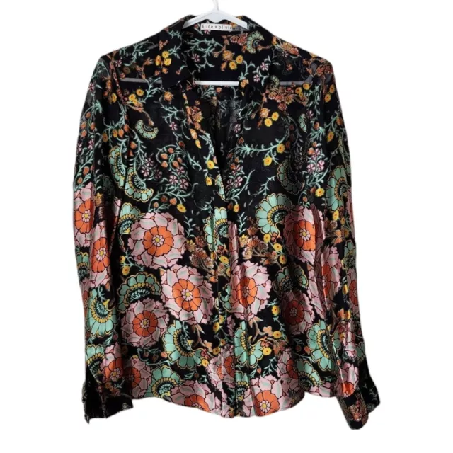 ALICE & OLIVIA Eloise floral burnout sheer button up blouse black size M